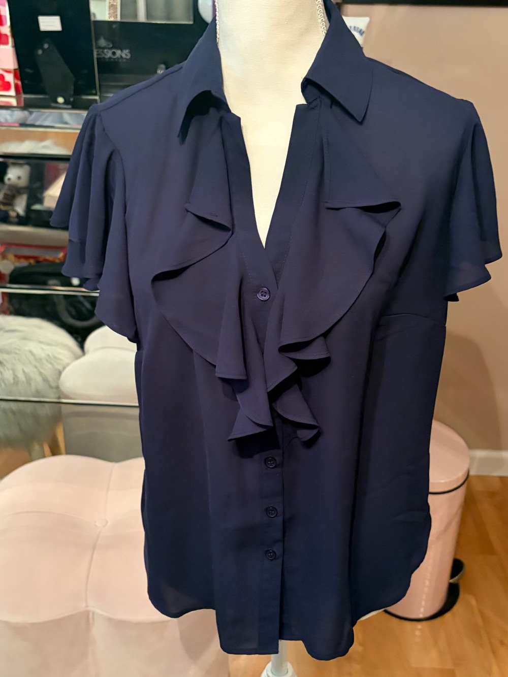 New York & Company Navy Short Sleeve Button Up Ruffle Blouse Size M